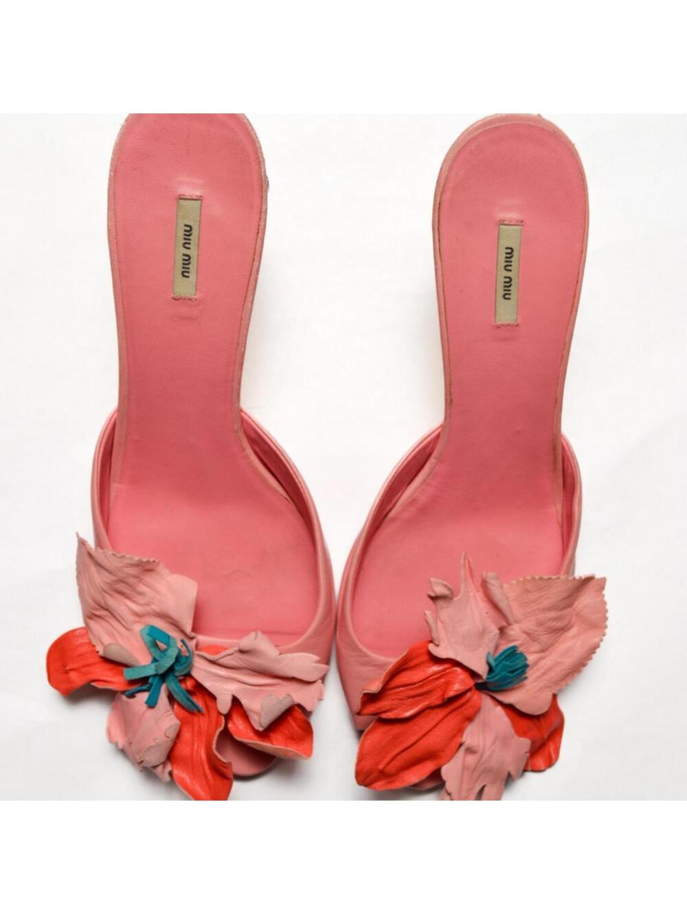 Miu Miu Pink Floral Appliqué Leather Mules